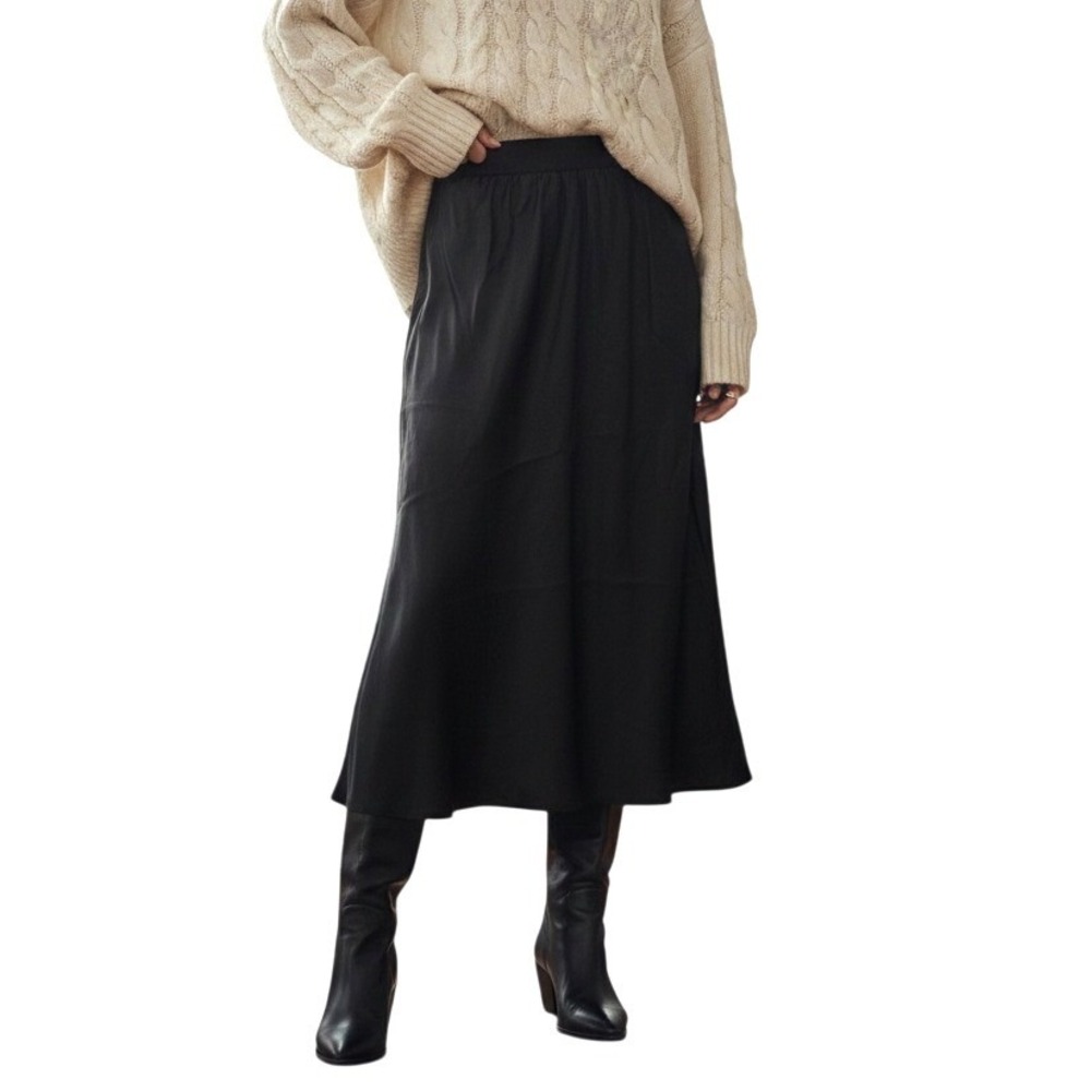 Bella Dahl Black Liquid Knit Satin Midi Skirt Medium Elastic Waist $172